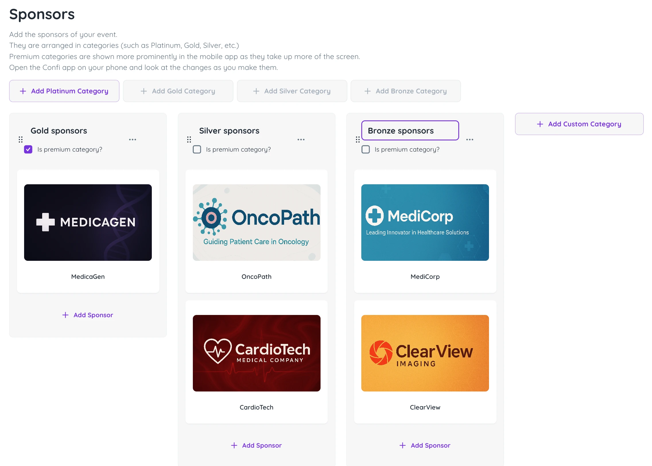 Confi admin portal Sponsors section showing Gold Silver Bronze category columns with the Premium toggle enabled for Gold