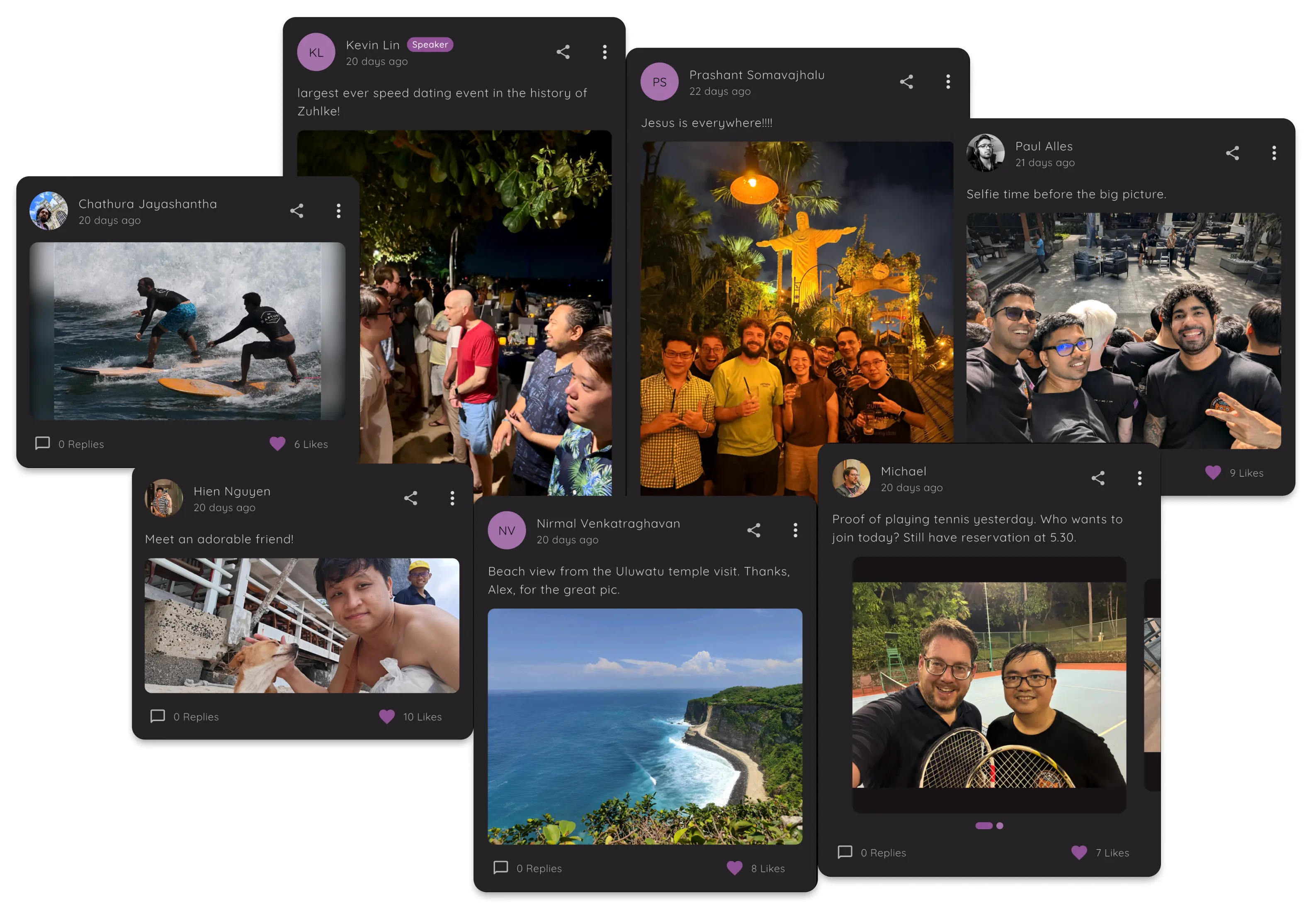 Social feed highlights showing surfing, hiking, and team activities during the corporate retreat