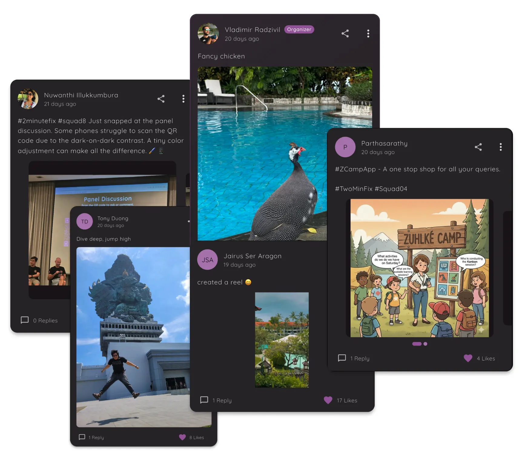 Confi event app social feed showing employee engagement posts during team building