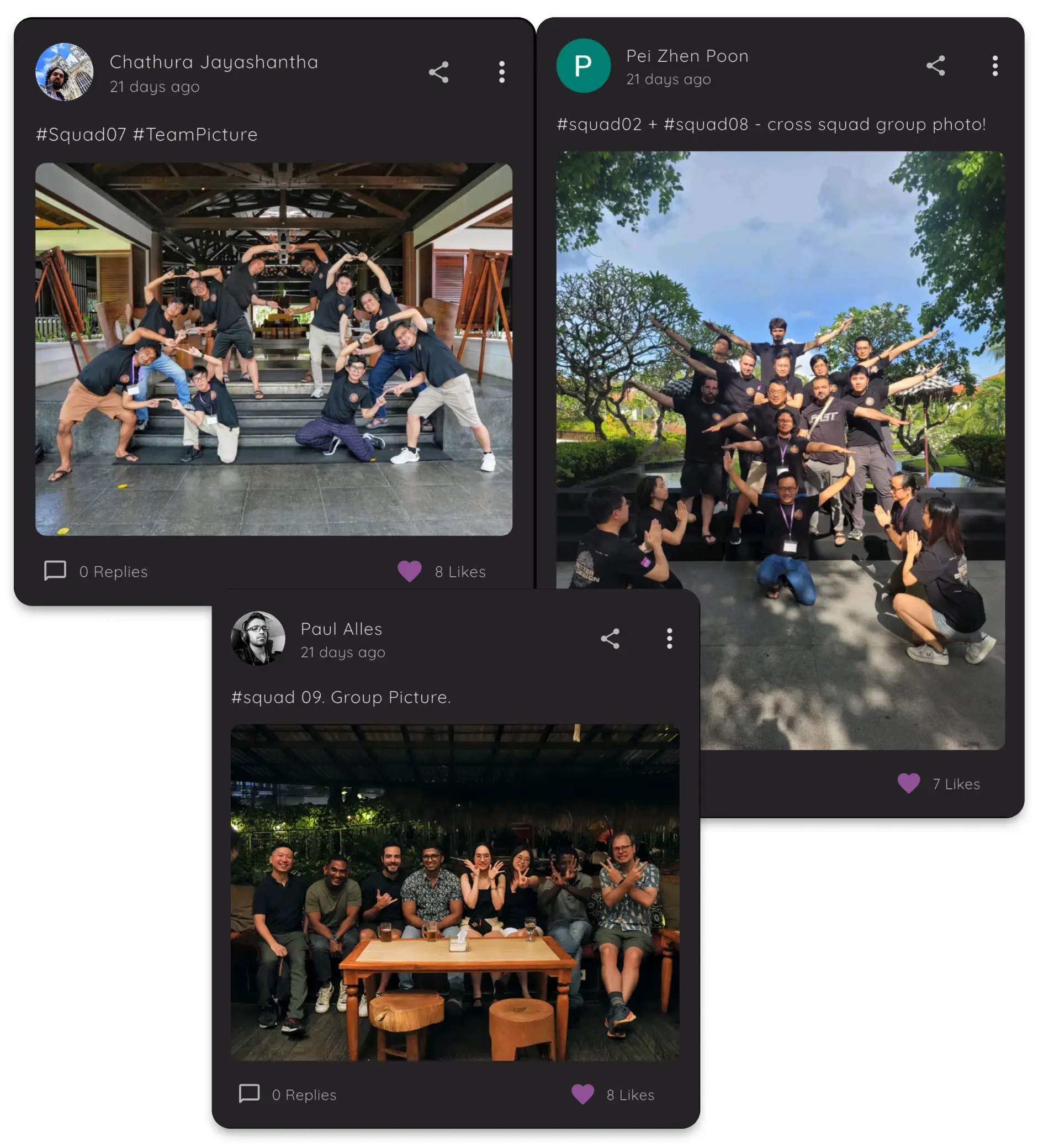 Employees sharing team building photo competition entries and group pictures on the event social wall