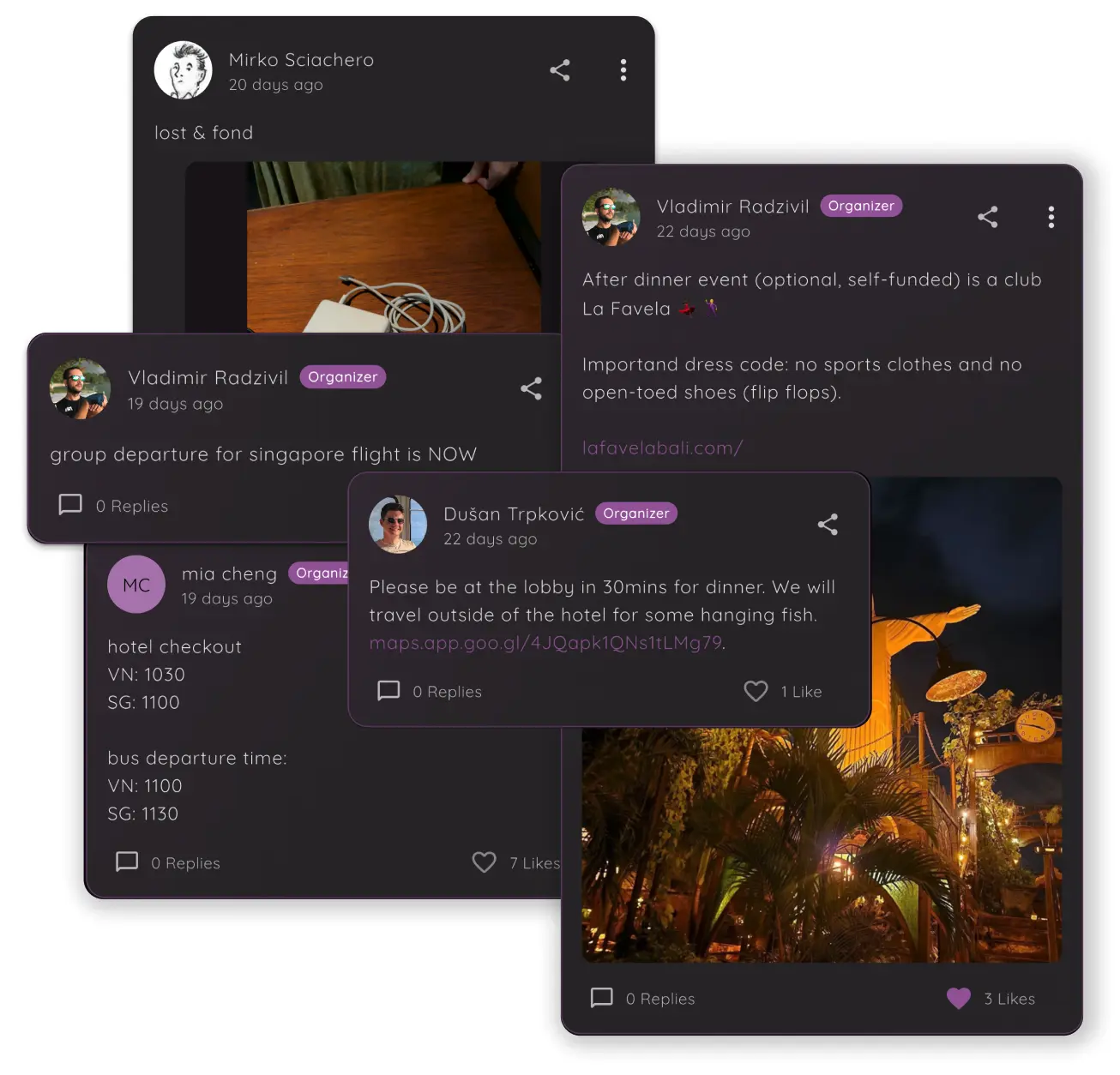 Event organizers posting schedule updates and announcements on the Confi corporate event app feed