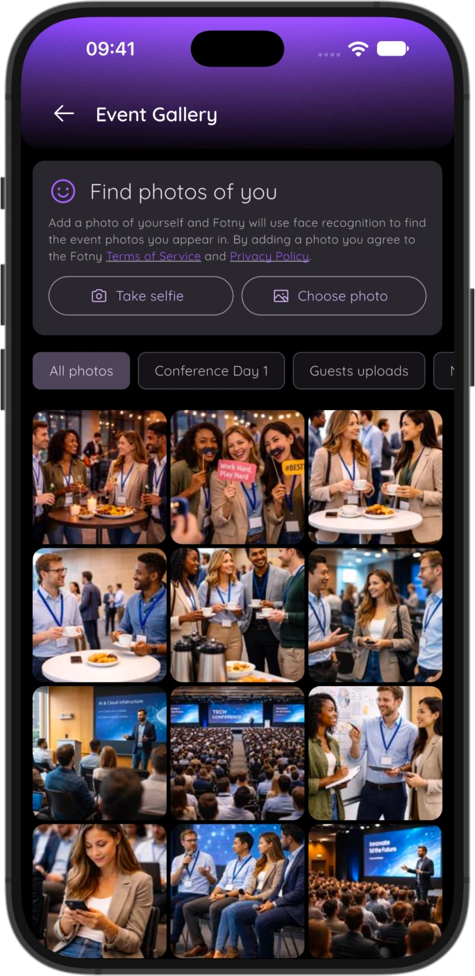 Event photo gallery with albums in the Confi app