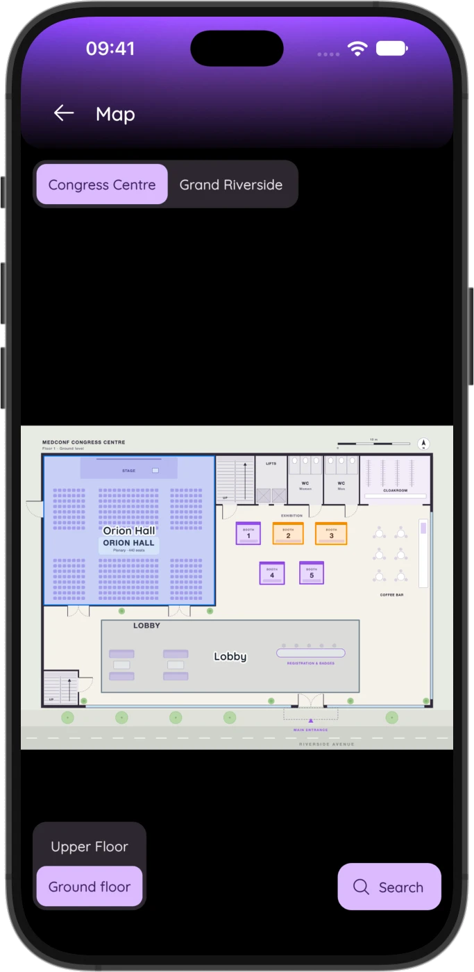 Interactive venue map with rooms and sponsor booths on a floor plan
