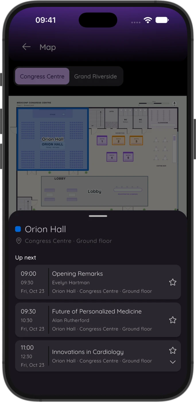 A hall selected on the venue map, showing the sessions up next in it